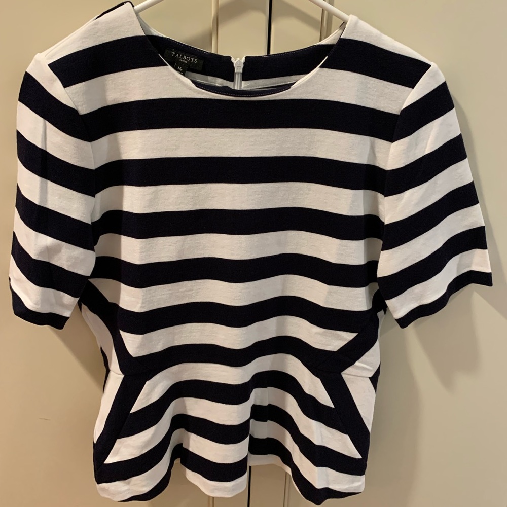 Talbots Navy and White Striped Short Sleeve Medium Petite Top